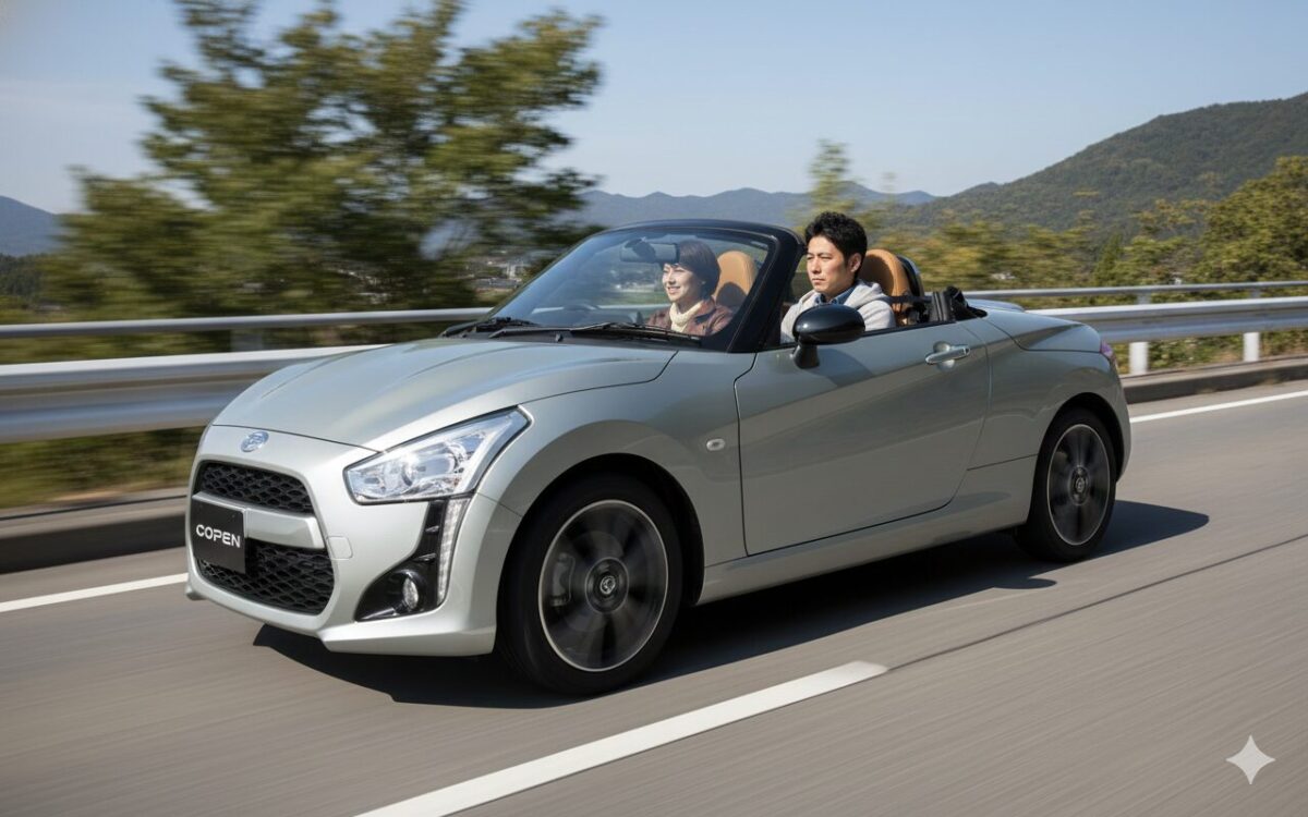 シルバーのコペンでドライブする男女