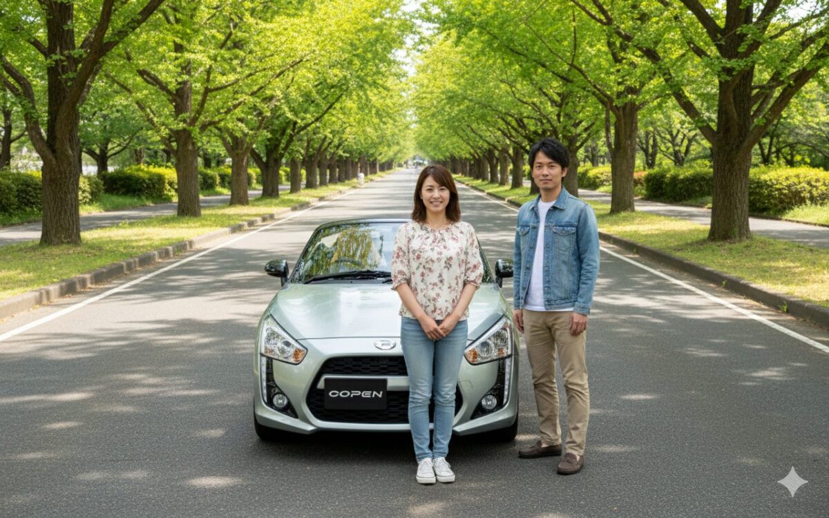 イチョウ並木に停車したコペンの前に立つ男女