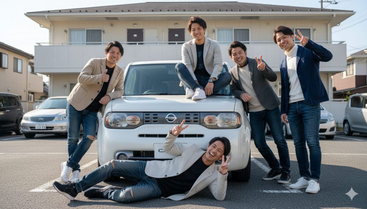 アパートの駐車場に停めた白のキューブと5人の男性