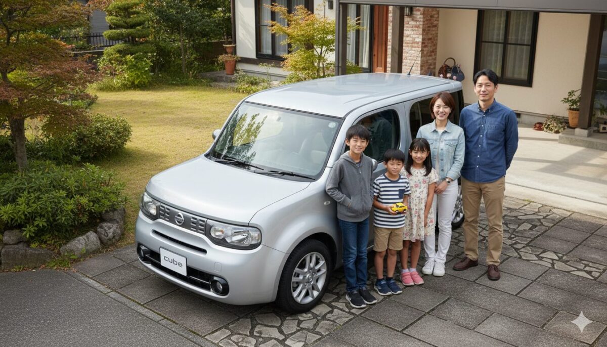 一軒家のガレージに停めたキューブと5人家族