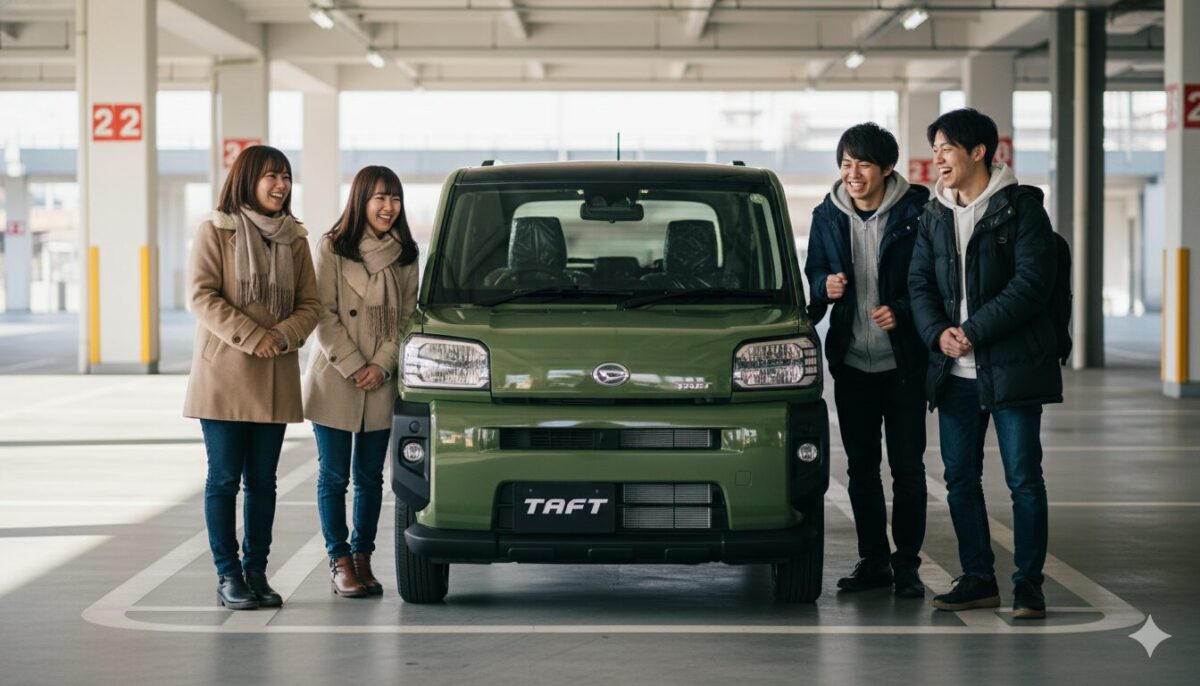 ショッピングモールの駐車場に停めたタフトのそばで談笑する４人組の大学生