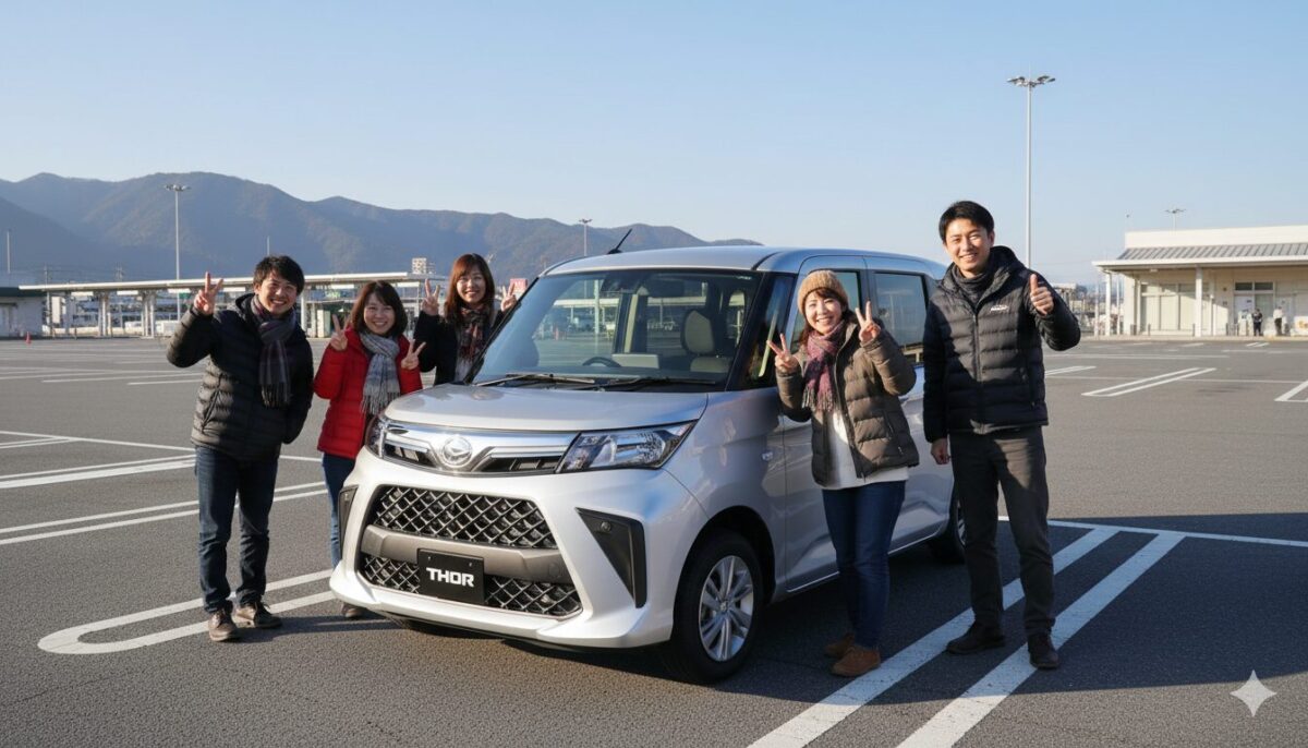 高速道路のPAにトールを停めて記念撮影する男女5人組