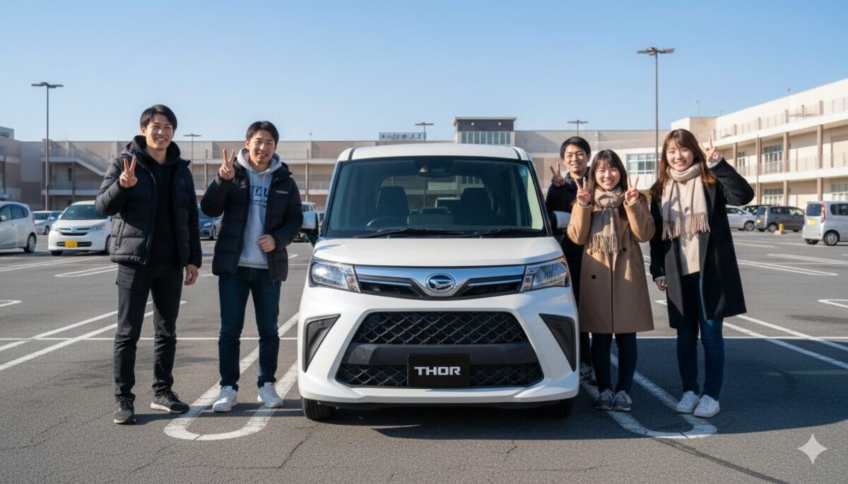 ショッピングモールの駐車場に停めたトールと大学生グループ