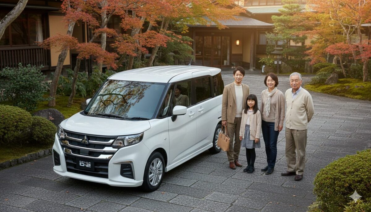 温泉旅館の前に停めたデリカD:2と家族4人組