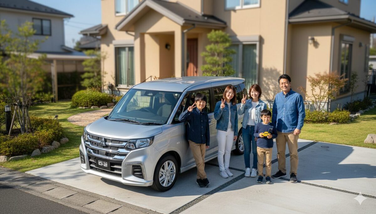 家のガレージに停めたデリカD:2と5人家族