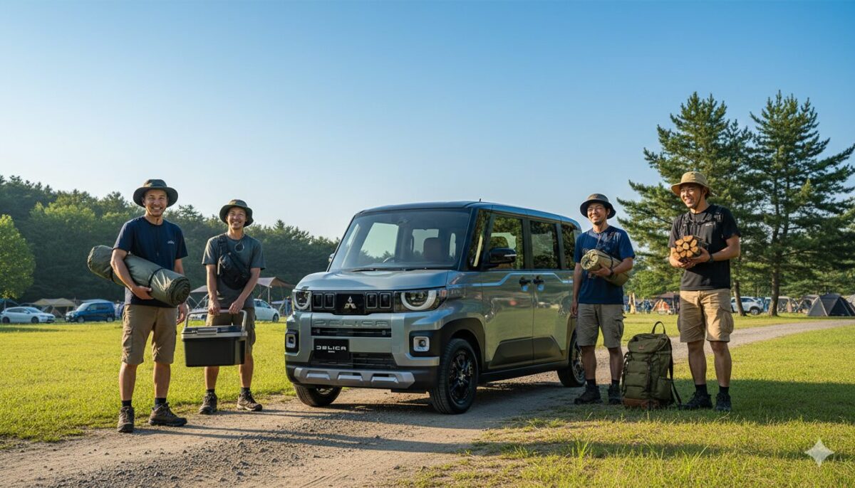 デリカミニでキャンプ場にやってきた男性4人