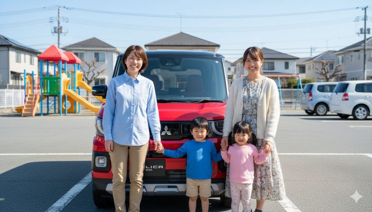 幼稚園の駐車場に停めたデリカミニの前に立つ母と子の４人組
