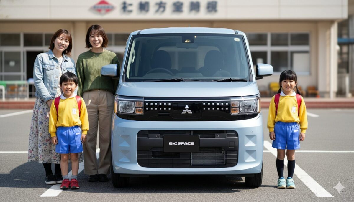 幼稚園の前に停めたekスペースと2組の親子