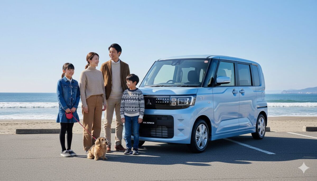 海辺の駐車場に停めたekスペースと４人家族