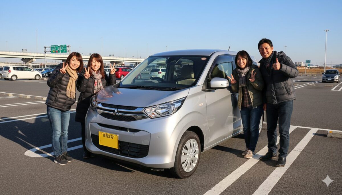 シルバーのekワゴンの脇で記念撮影する大学生グループ