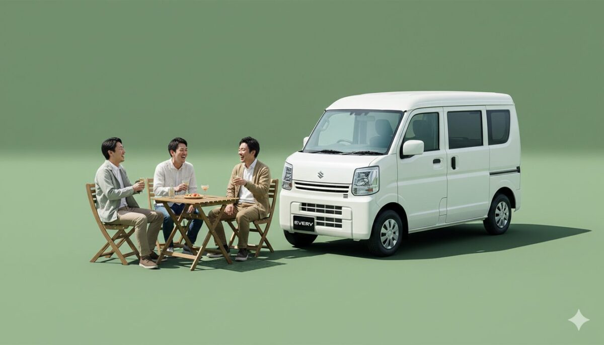 白のエブリイのわきに置いたテーブルセットで談笑する３人の男性