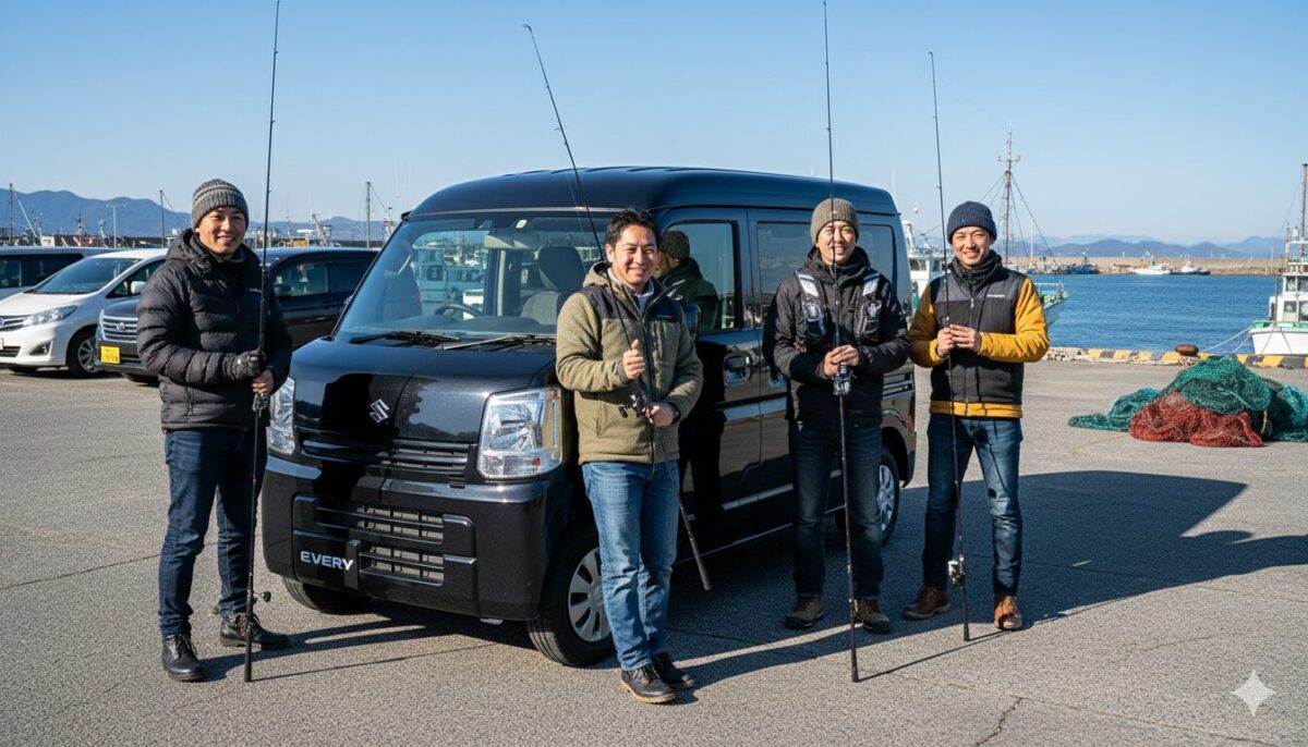 黒のエブリイのバンの横で釣り竿を持って並ぶ4人の男性