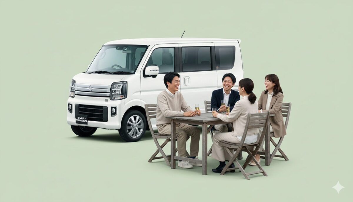 白のエブリイワゴンのそばのテーブルセットで談笑する人たち