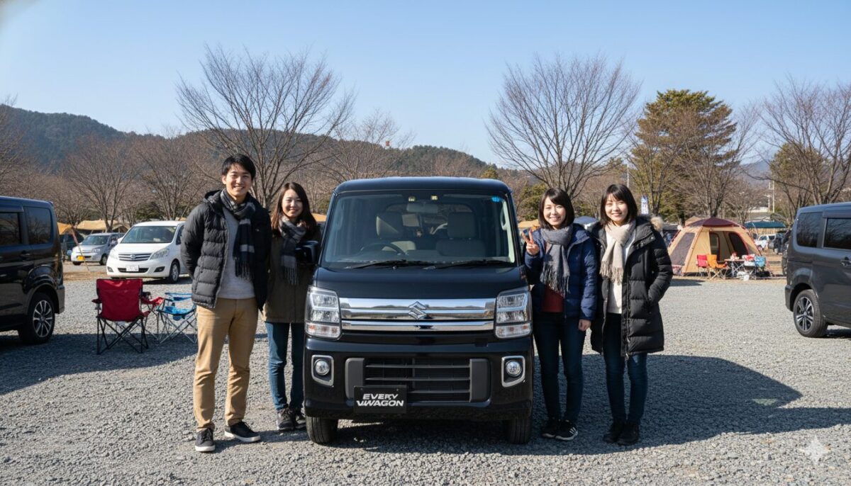 オートキャンプ場に停めたエブリイワゴンの横で並んで立つ大学生グループ