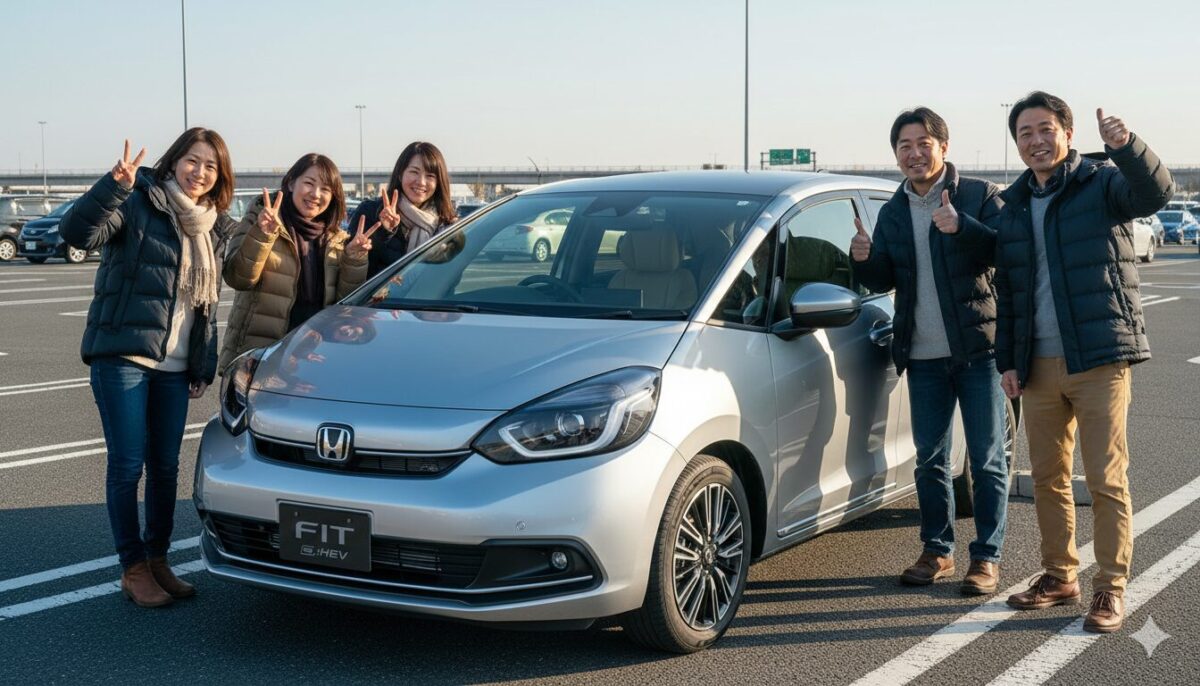 高速のPAに停めたフィットと記念撮影する男女