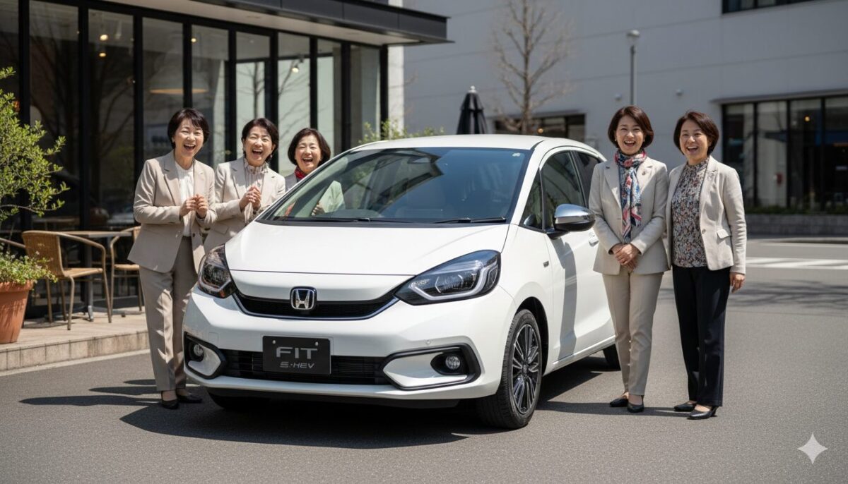 カフェの前に停めた白のフィットと中年女性のグループ