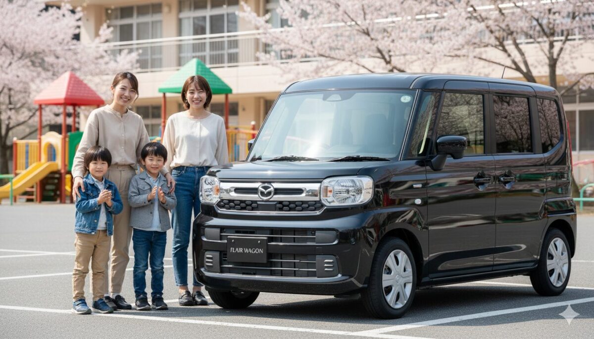 幼稚園に停めたフレアワゴンと親子2組