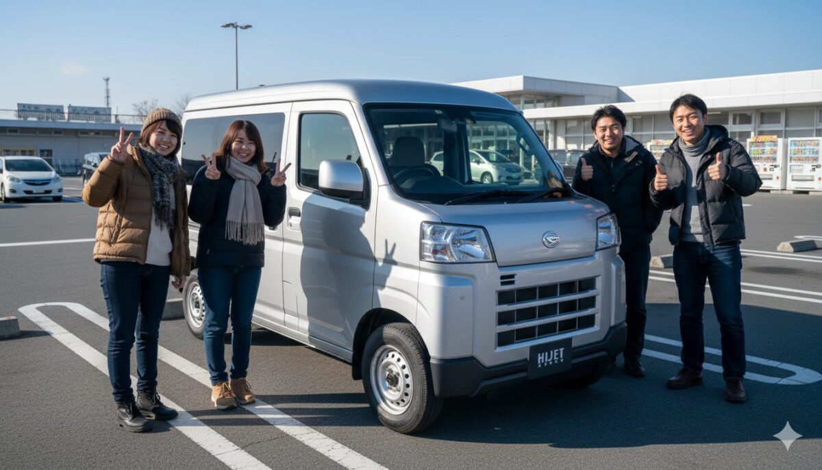 高速道のPAでハイゼットカーゴを停車して記念撮影する男女グループ