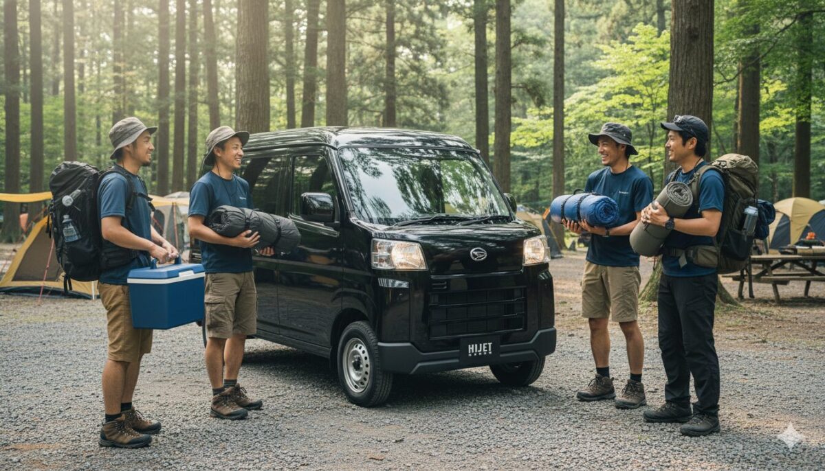 黒のハイゼットカーゴでキャンプに来た男性4人組