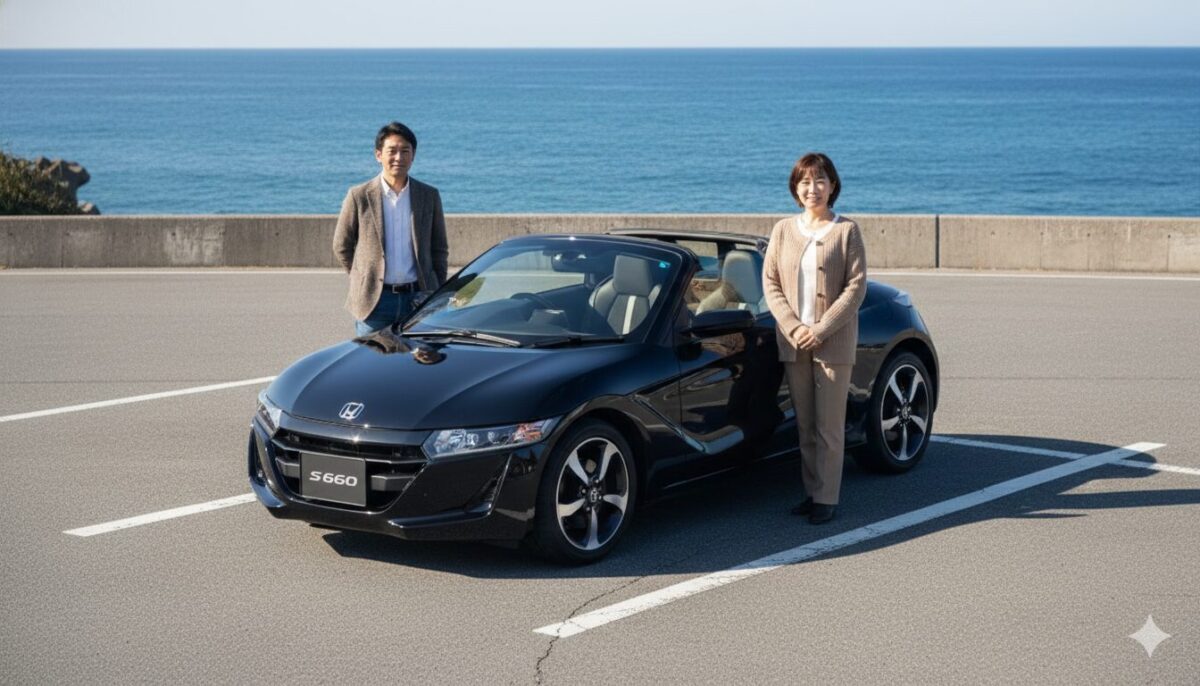 海辺の駐車場に停めたS660と脇に立つ男女