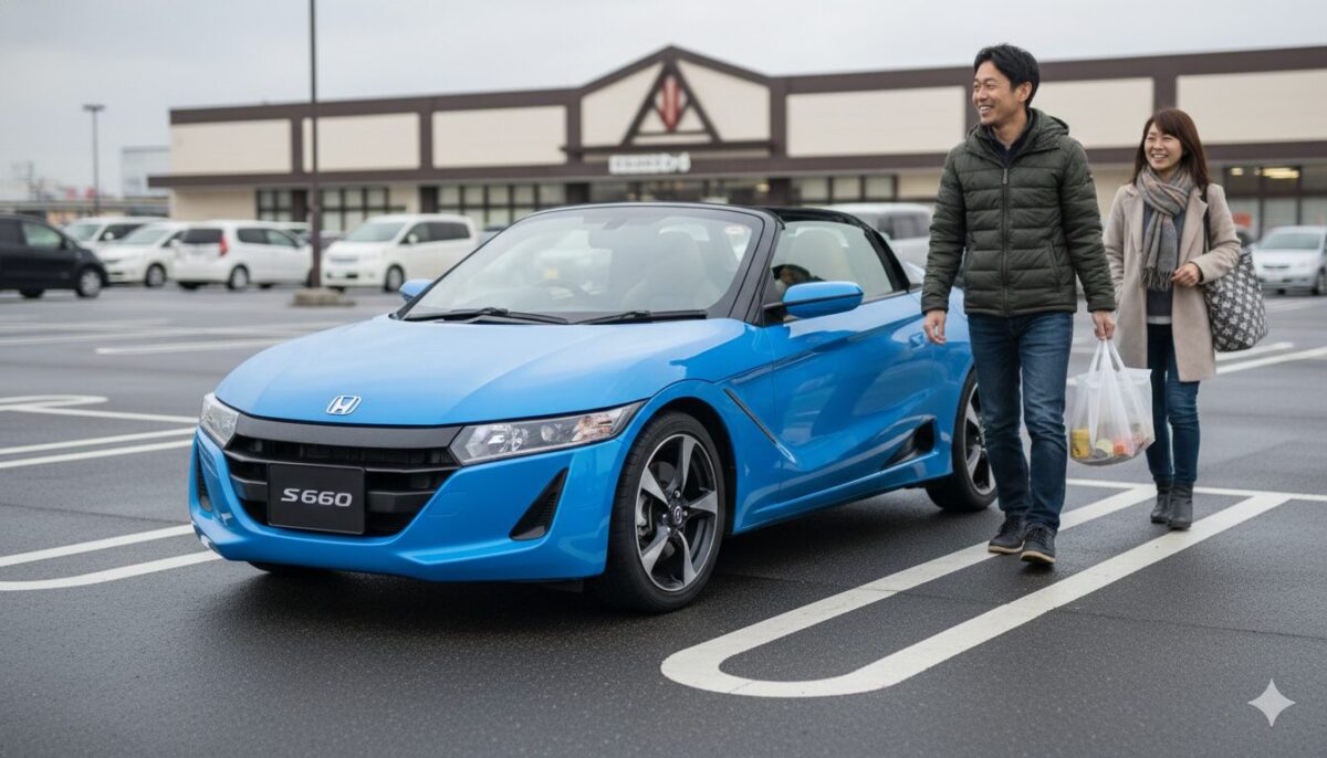 スーパーマーケットに停めたS660のそばを歩く夫婦