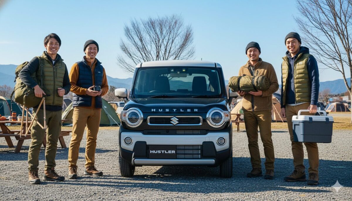 黒のハスラーでキャンプ場にやってきた男性4人組