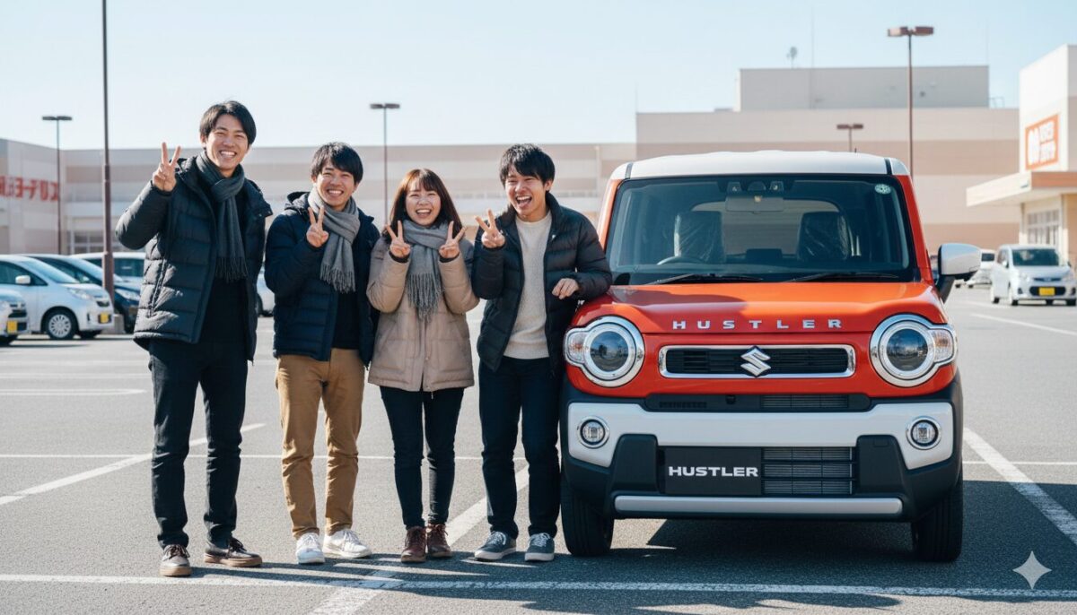 ショッピングモールの駐車場に停めたハスラーの横に並ぶ大学生グループ