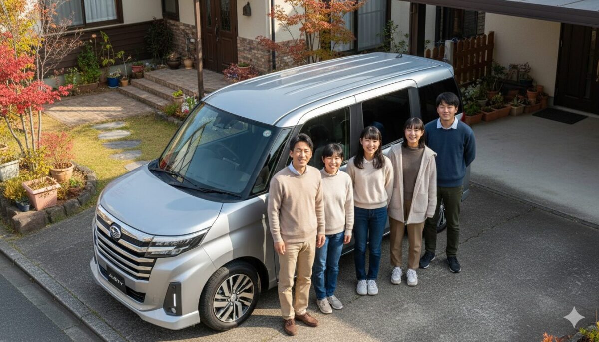 一軒家の庭に停めたジャスティと5人家族