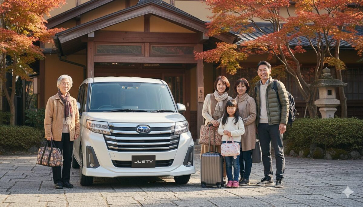 旅館の前に止まった白のジャスティと泊り客