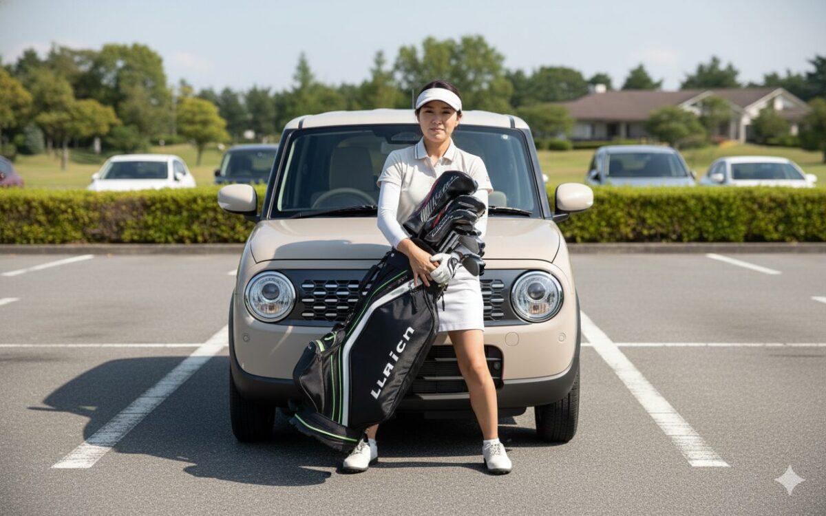 ラパンの前でゴルフバッグを抱える女性