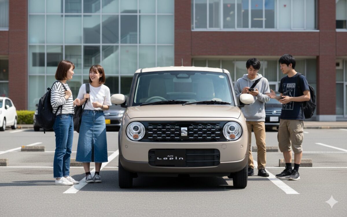 ラパンの横に立つ4人の大学生