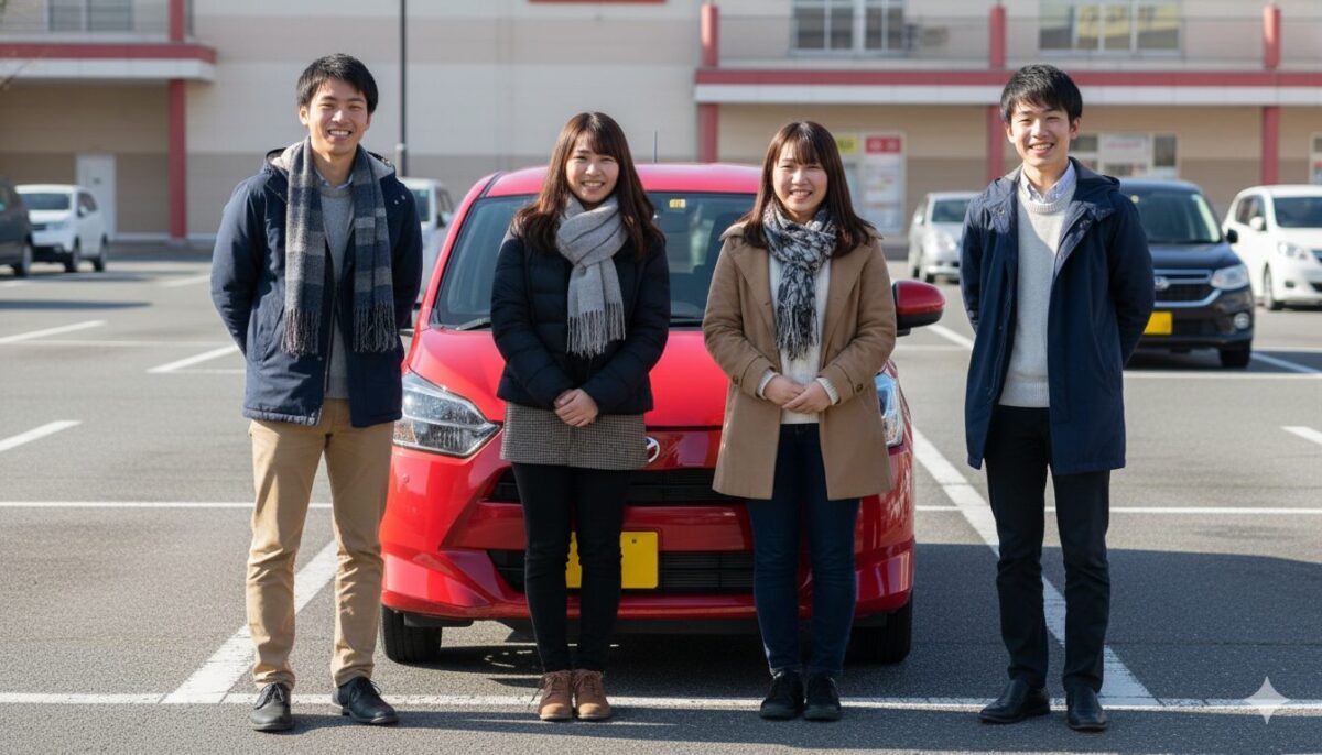 赤いミライースの前に並んで立つ大学生グループ