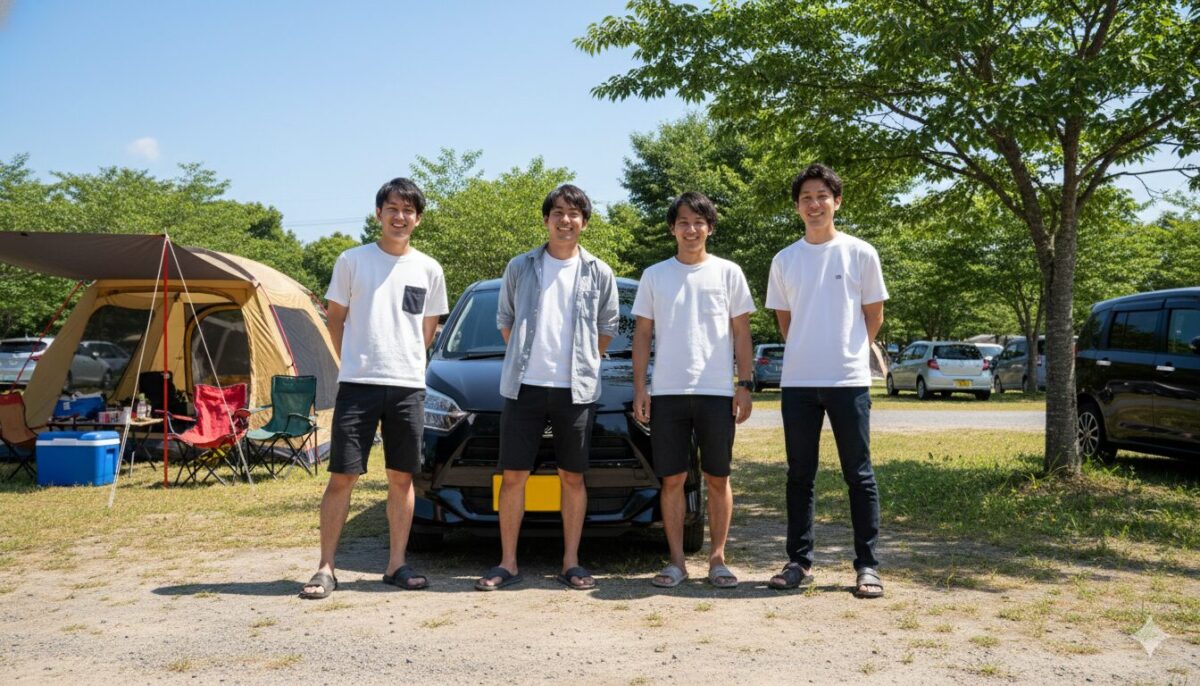 キャンプ場に停めた黒のミライースの前に並ぶ20代の男性４人組