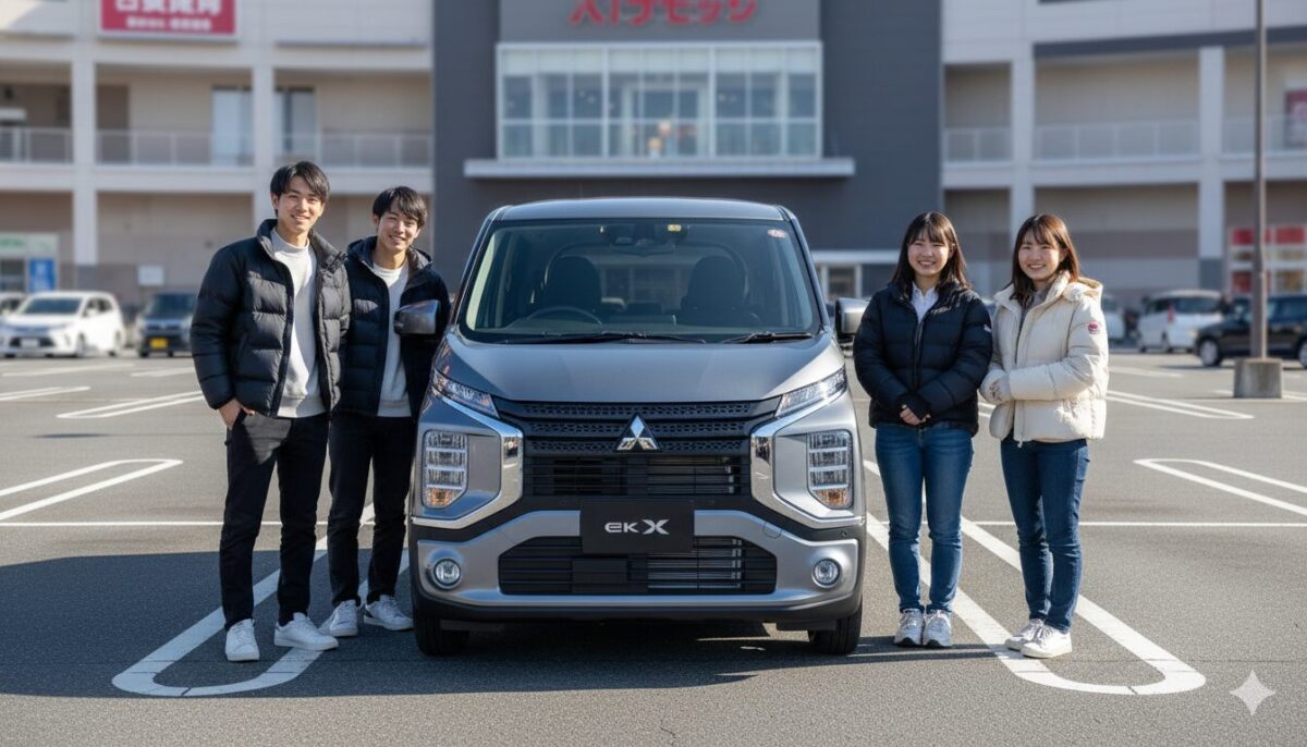 ショッピングモールに停めたekクロスと横に立つ大学生グループ