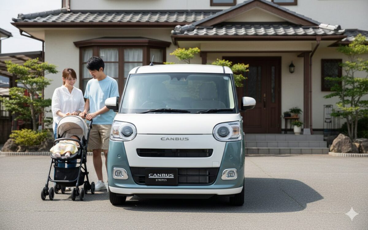 家の駐車場に停めたムーブキャンバスの脇に立つ夫婦とベビーカーに乗った赤ちゃん