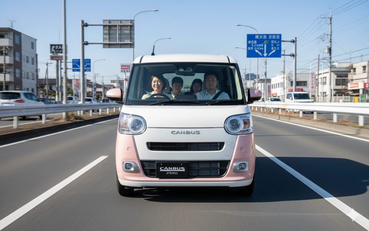 ムーブキャンバスに乗ってドライブする4人家族