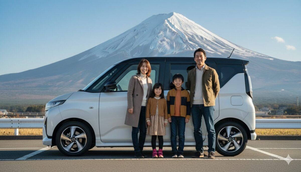 富士山とムーブをバックに記念撮影をする親子連れ