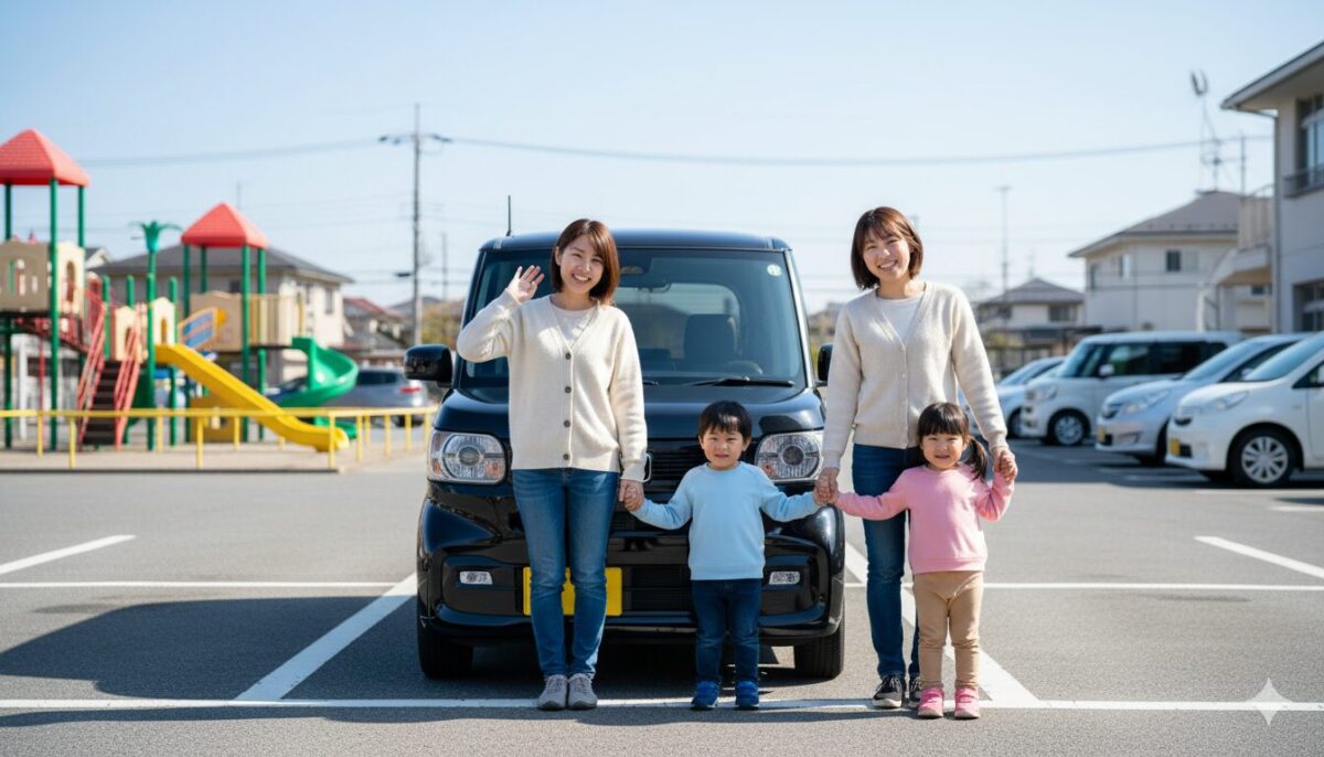 保育園の駐車場に停めたN-BOXの前で並ぶ2人の母親と2人の幼児