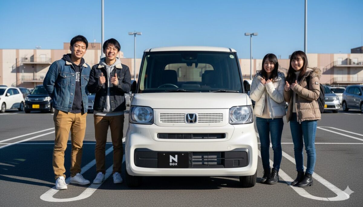 N-BOXの脇に立って記念撮影する20代のグループ