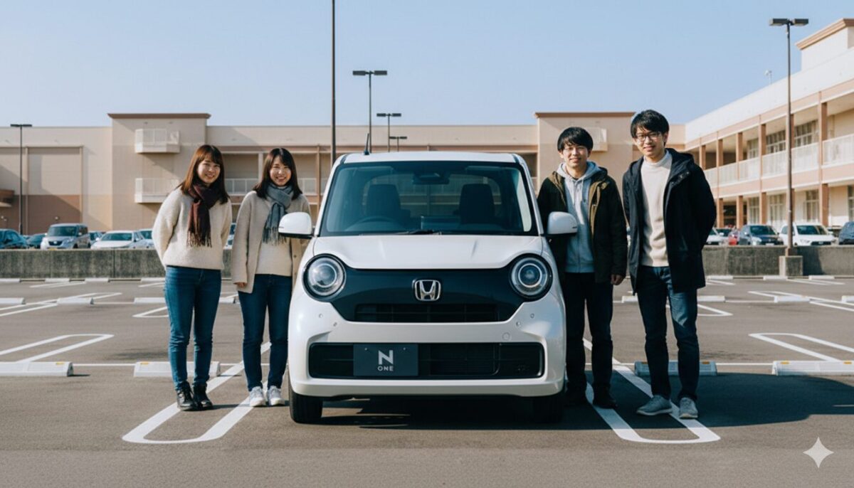 ショッピングモールに停めたN-ONEと20代の男女のグループ
