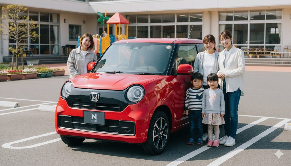 幼稚園に停めたN-ONEと母親3人と子供2人