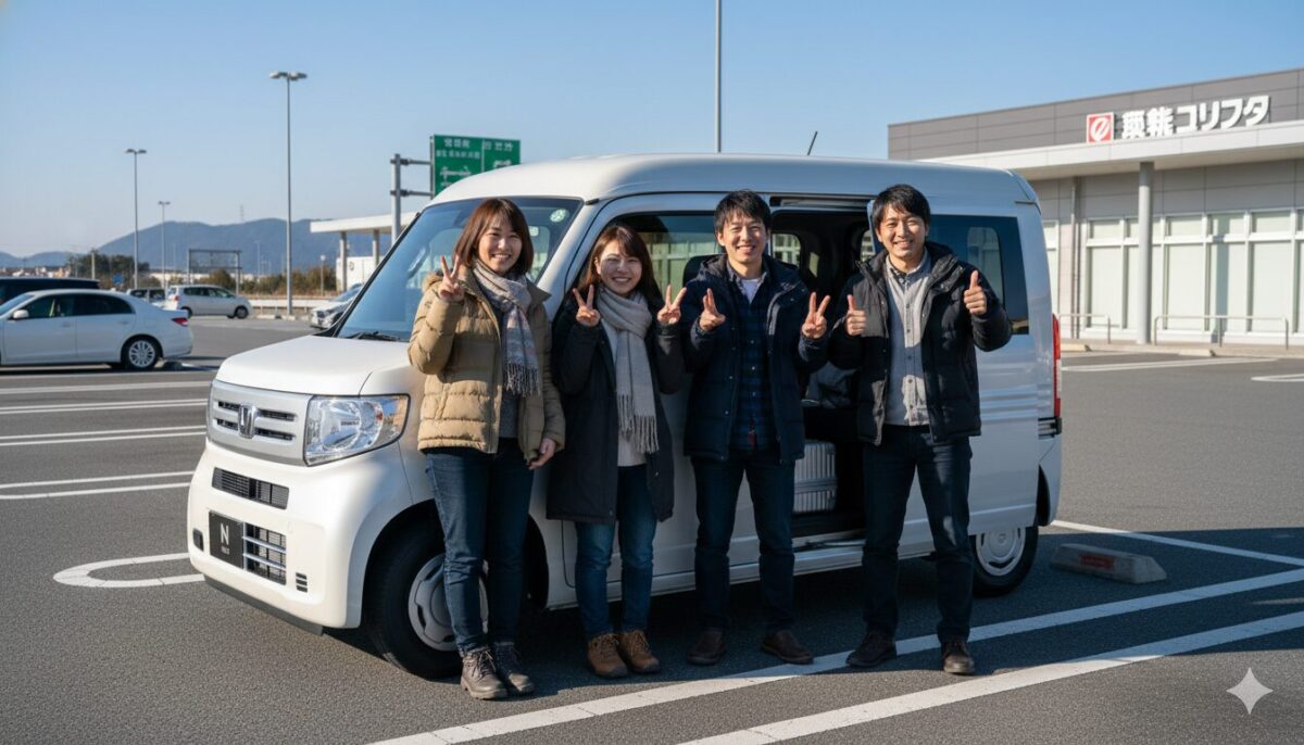 高速のpAに停めたN-VANと男女4人組