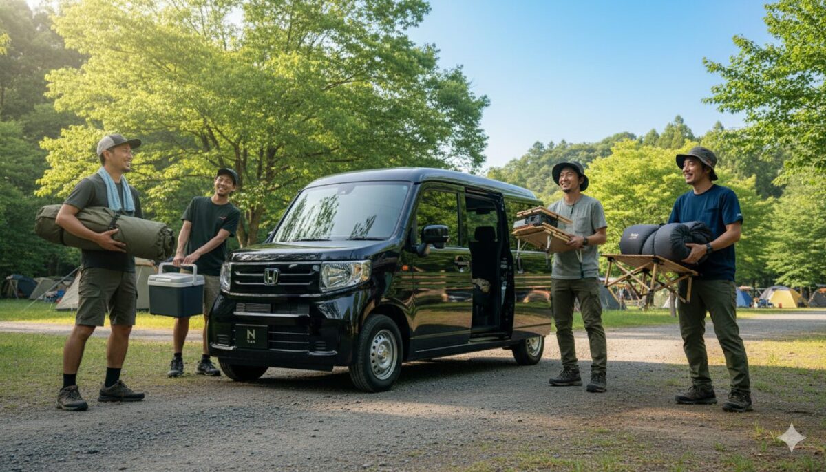 黒のN-VANでキャンプに来た男性4人組
