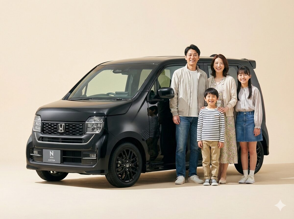 黒のN-WGNと4人家族
