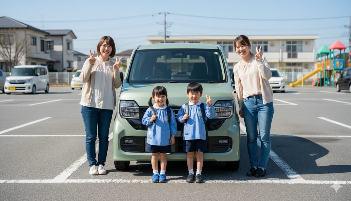 幼稚園に停めたN-WGNと2組の親子