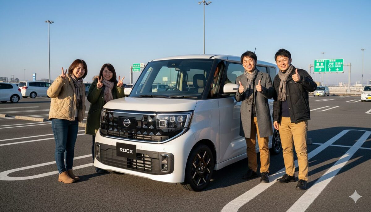 PAに駐車したルークスと男性2人と女性2人のグループ