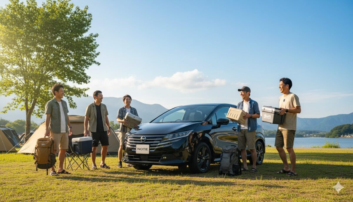 黒のノートでキャンプに来た男性5人組