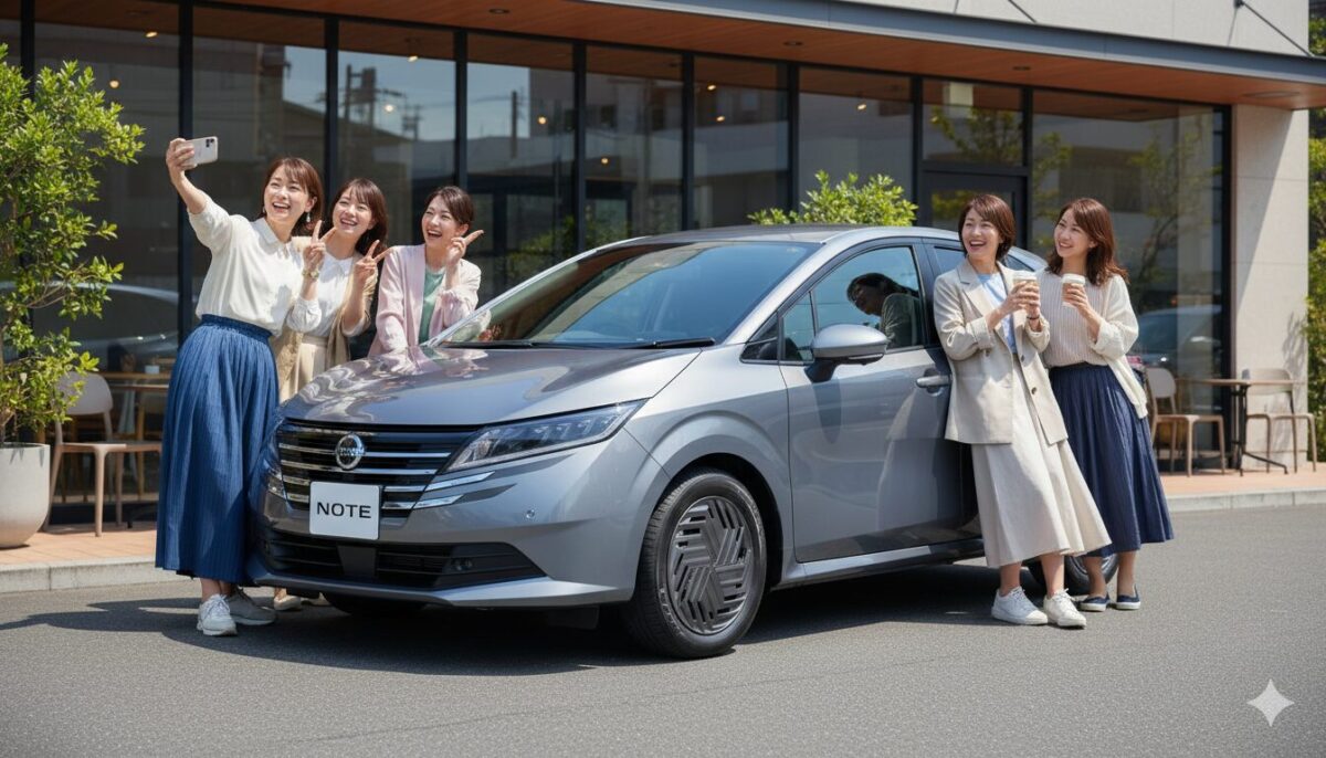 カフェの前に停めたノートと記念撮影する女性グループ