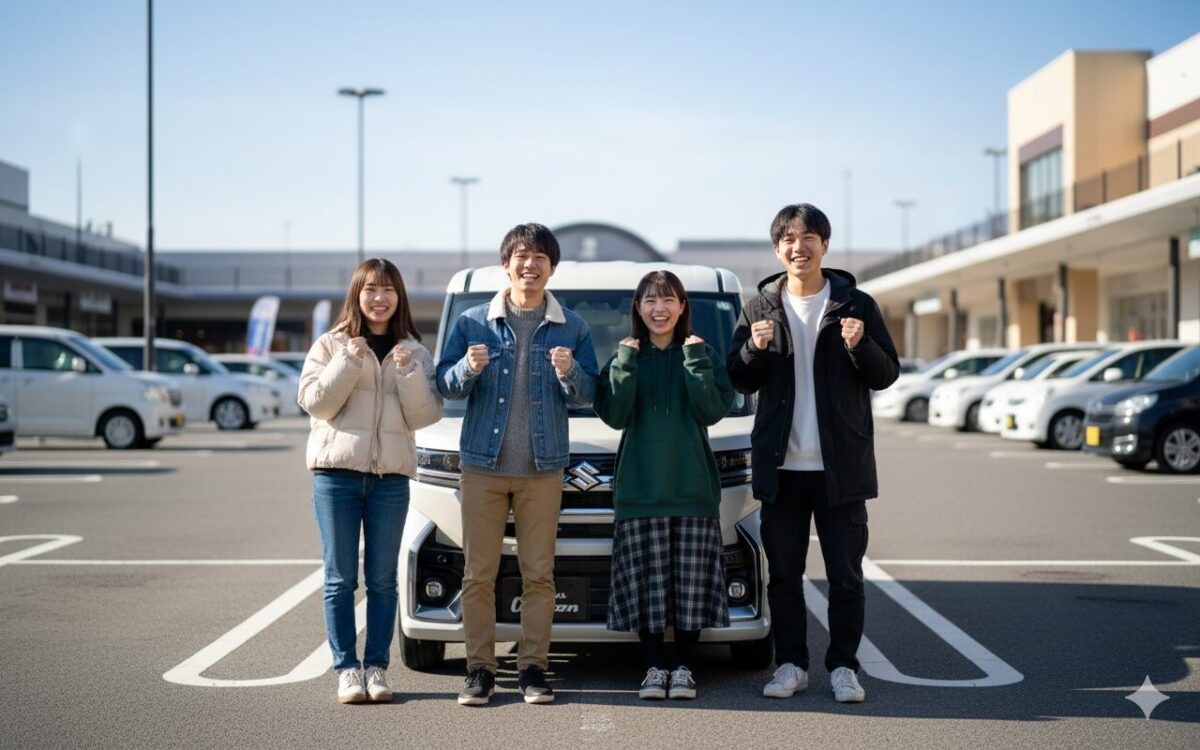 スペーシアカスタムの前で記念撮影する学生グループ