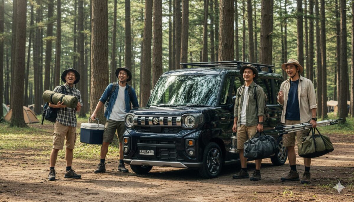 スペーシアギアでキャンプに来た4人組の男性